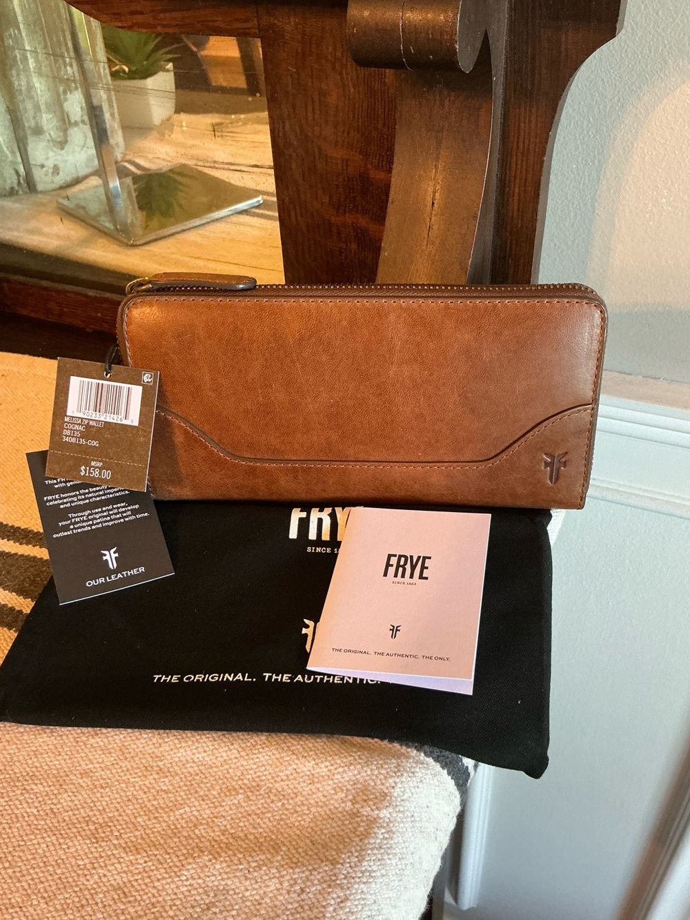 NWT Frye Leather Melissa Zip Around Wallet Cognac Brown Retail $158